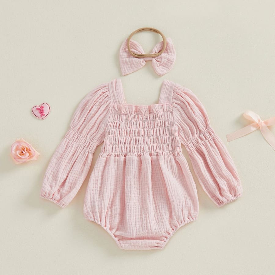 Hannah Ruched Long Sleeve Romper - Pink