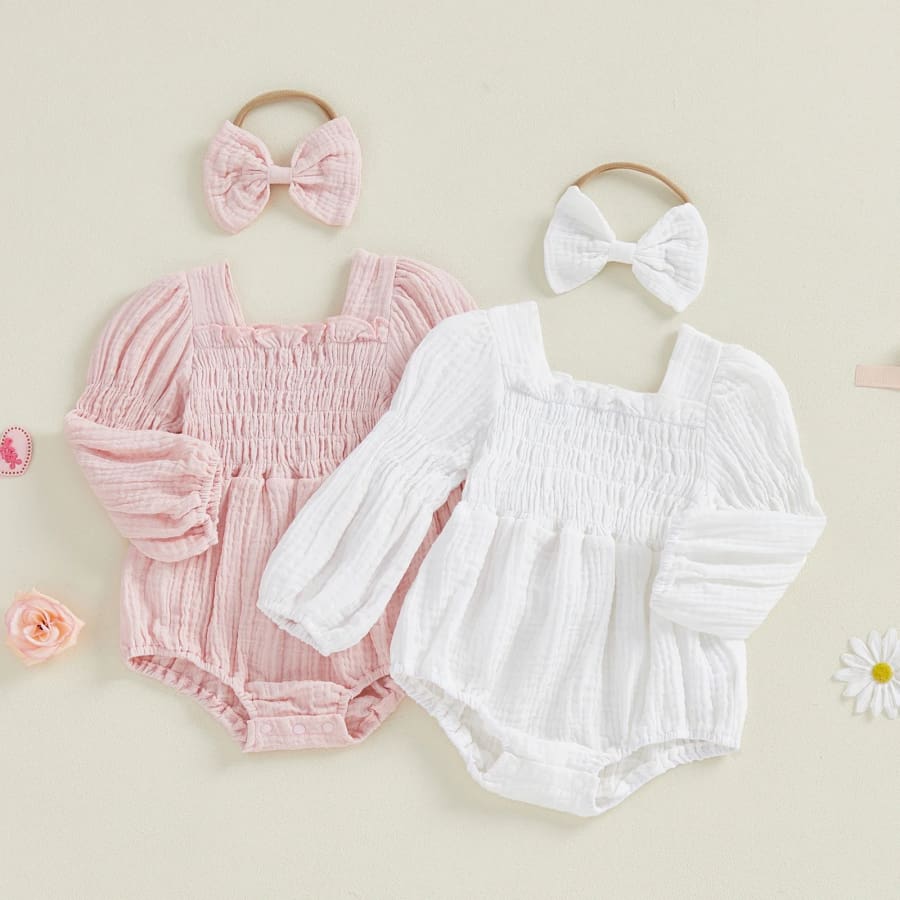 Hannah Ruched Long Sleeve Romper - Snow - Newborn
