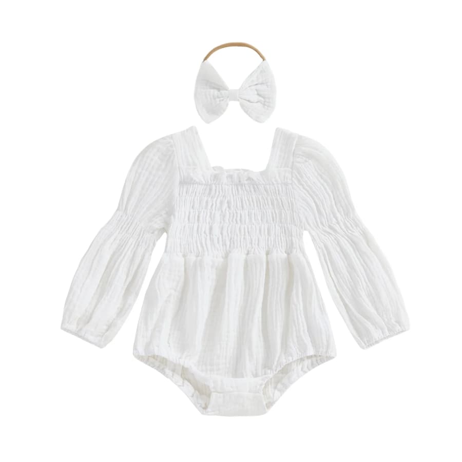 Hannah Ruched Long Sleeve Romper - Snow - Newborn