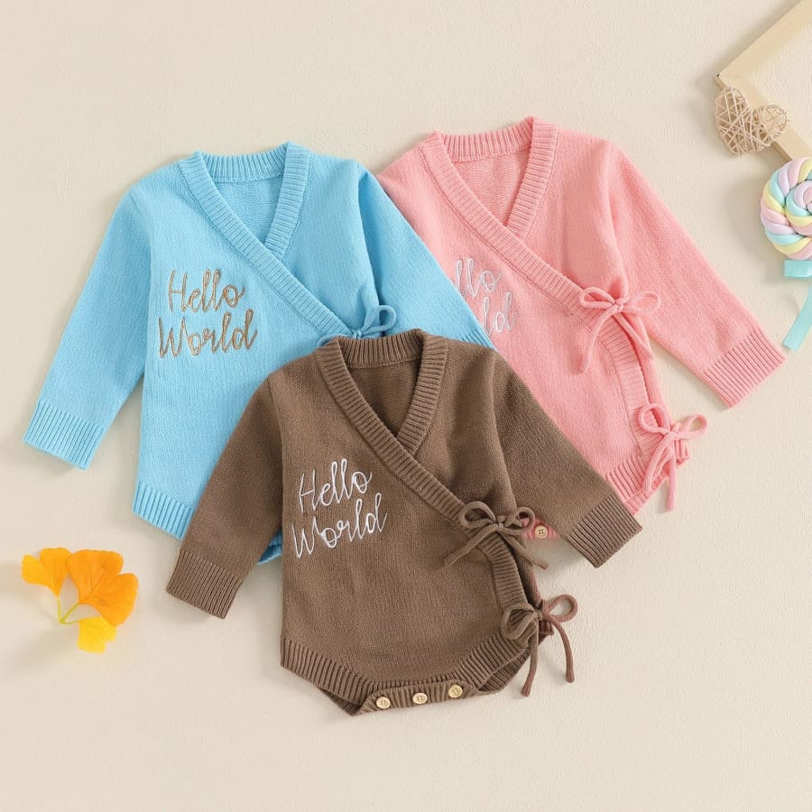Hello World Wrap Knit Romper - Peachy Pink - 0-3 Months