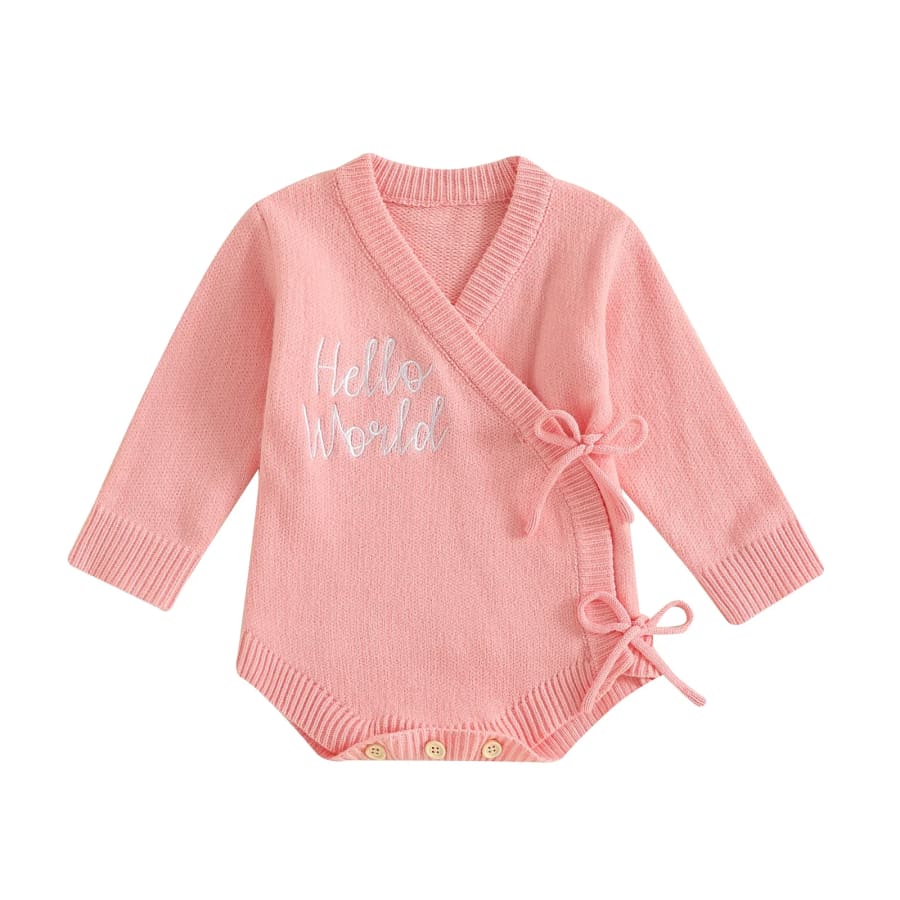 Hello World Wrap Knit Romper - Peachy Pink - 0-3 Months