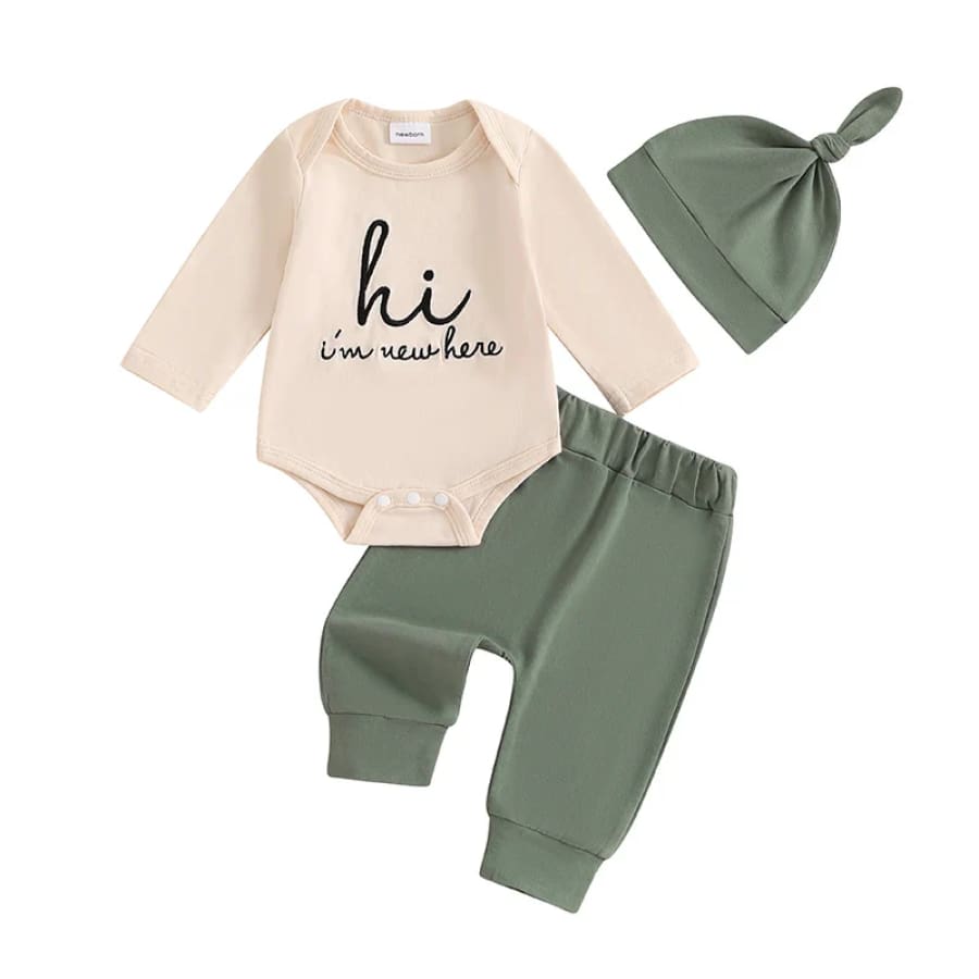 Hi I’m New Here Beanie Set - Green - Newborn