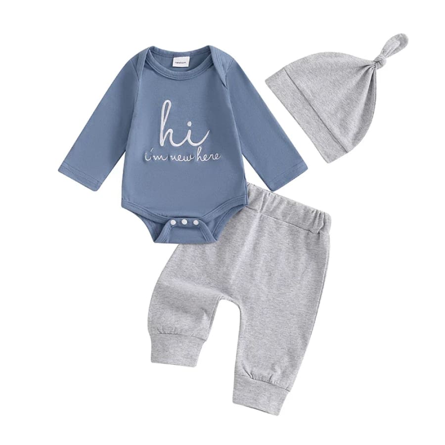 Hi I’m New Here Beanie Set - Grey - Newborn