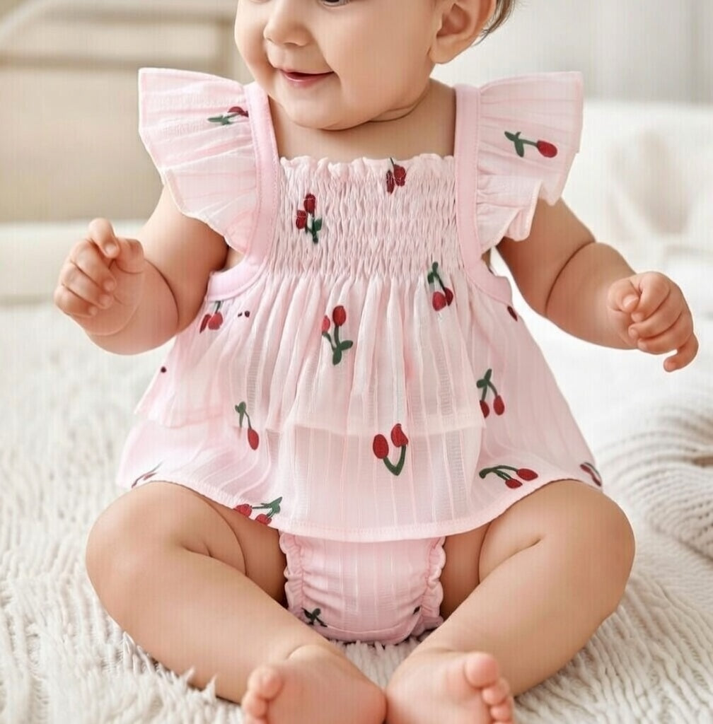 Eliza Cherry Print Babydoll Set - Pink