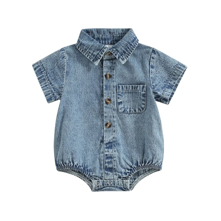 Joey Denim Collared Onesie - 0-3 Months
