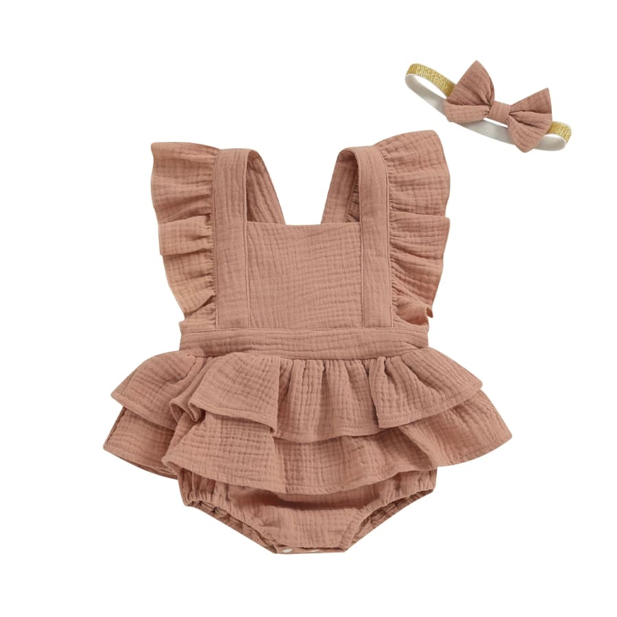 Mandie Flutter Romper with Headband - Mocha - 0-3 Months
