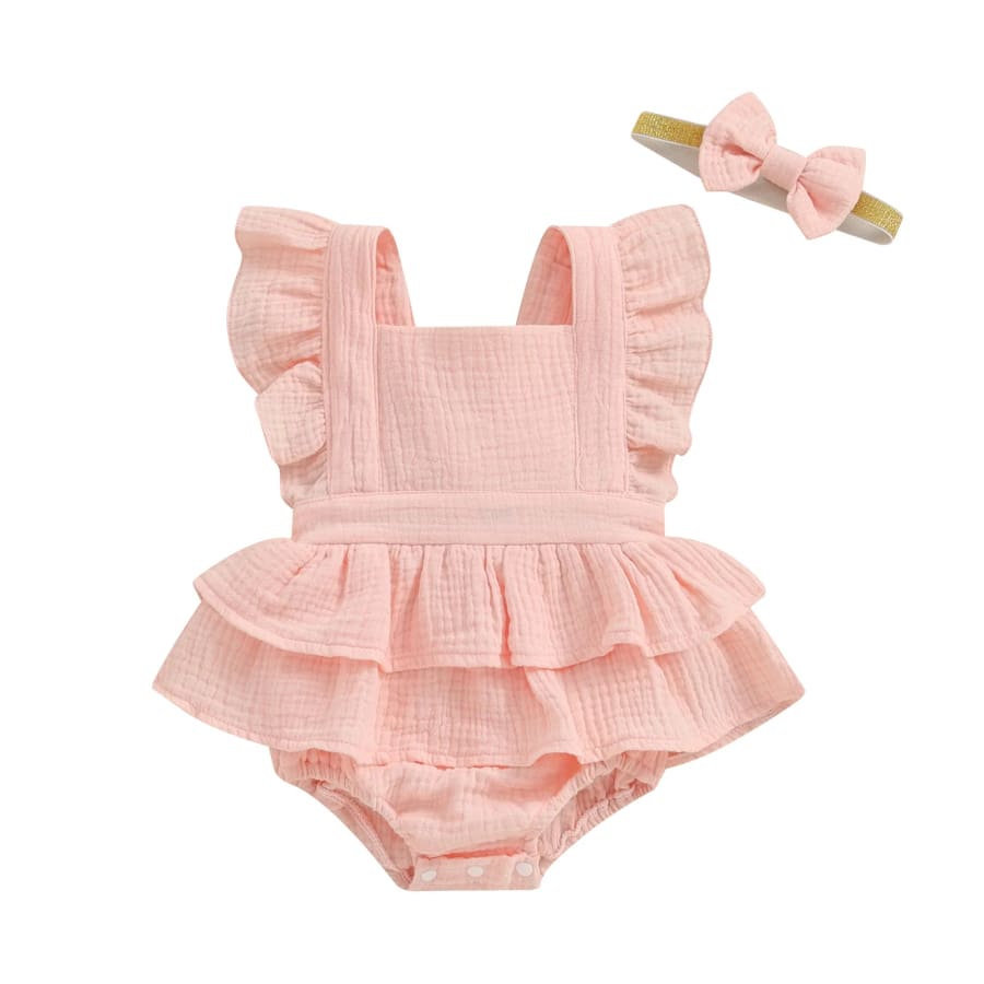 Mandie Flutter Romper with Headband - Peach - 0-3 Months