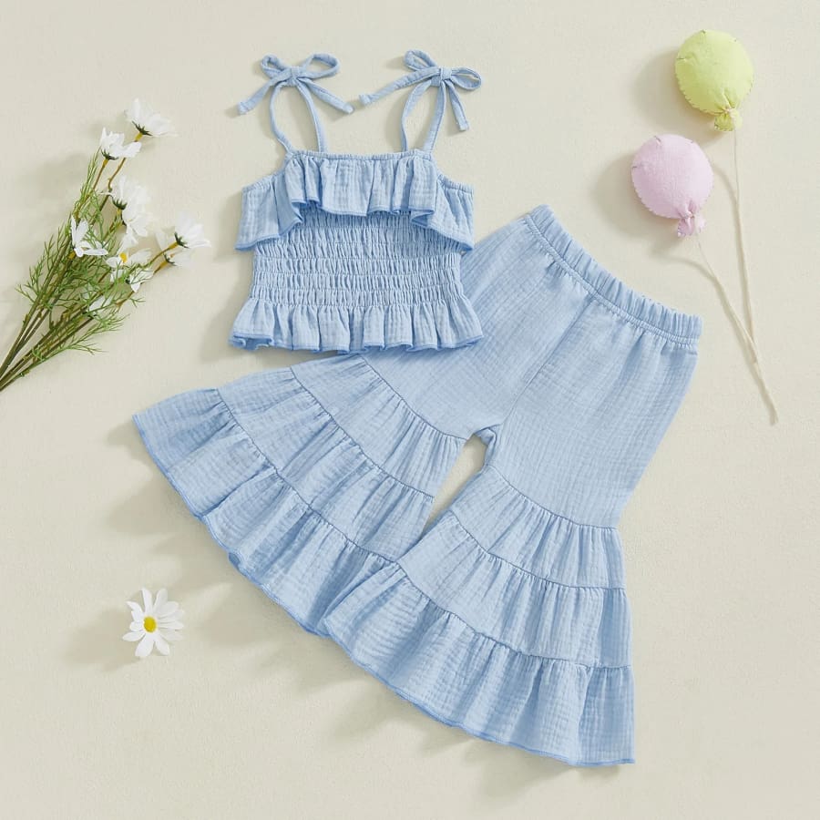 Mariah Ruched Bodice Crop + Flare Set - Sky