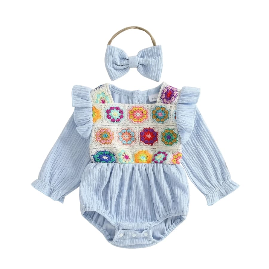 Melinda Knit Bodice Romper - Blue - 0-3 Months