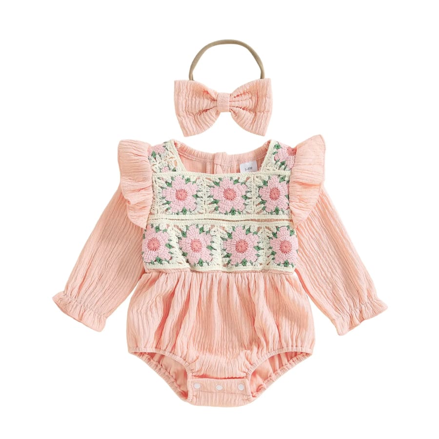Melinda Knit Bodice Romper - Peach - 0-3 Months