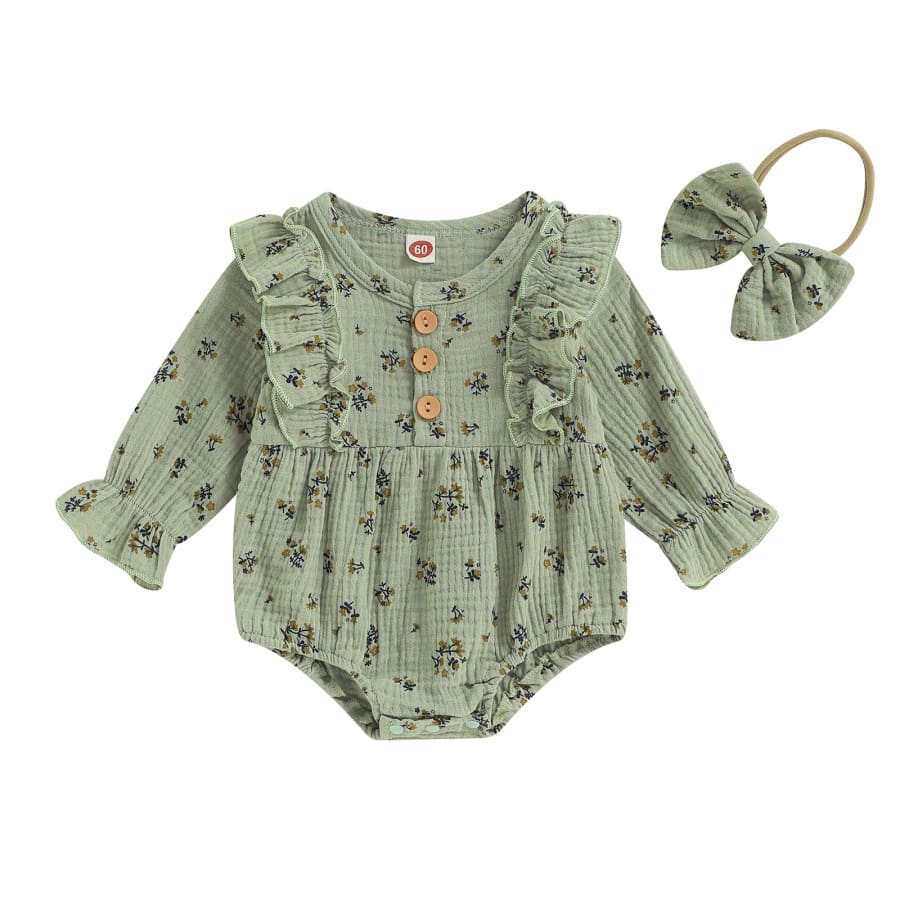 Mika Long Sleeve Flutter Romper - Green - 0-3 Months