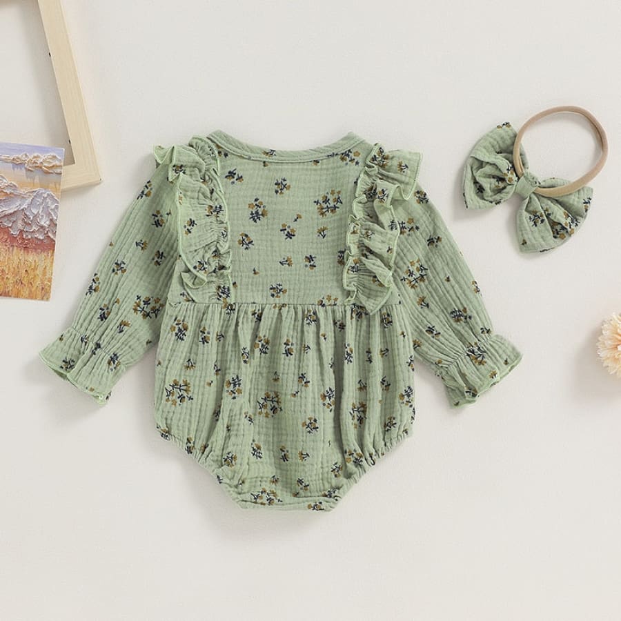 Mika Long Sleeve Flutter Romper - Green