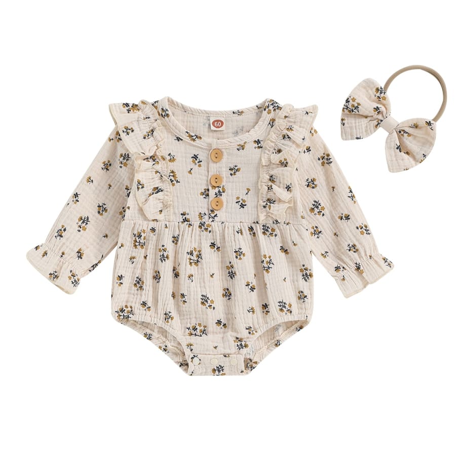 Mika Long Sleeve Flutter Romper - Natural - 0-3 Months