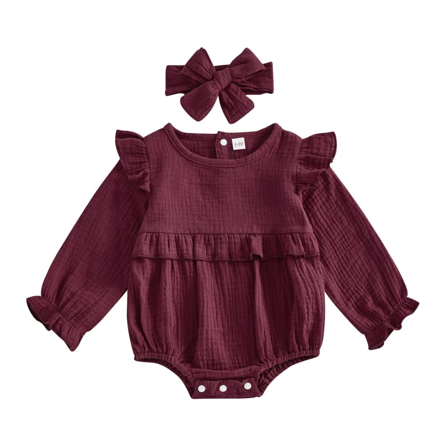 Myer Long Sleeve Flutter Romper - Wine - 0-3 Months