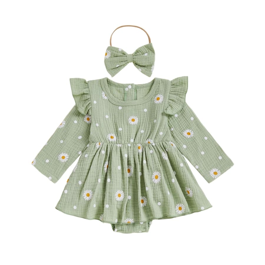 Pearl Long Sleeve Flutter Romper - Green - 0-3 Months