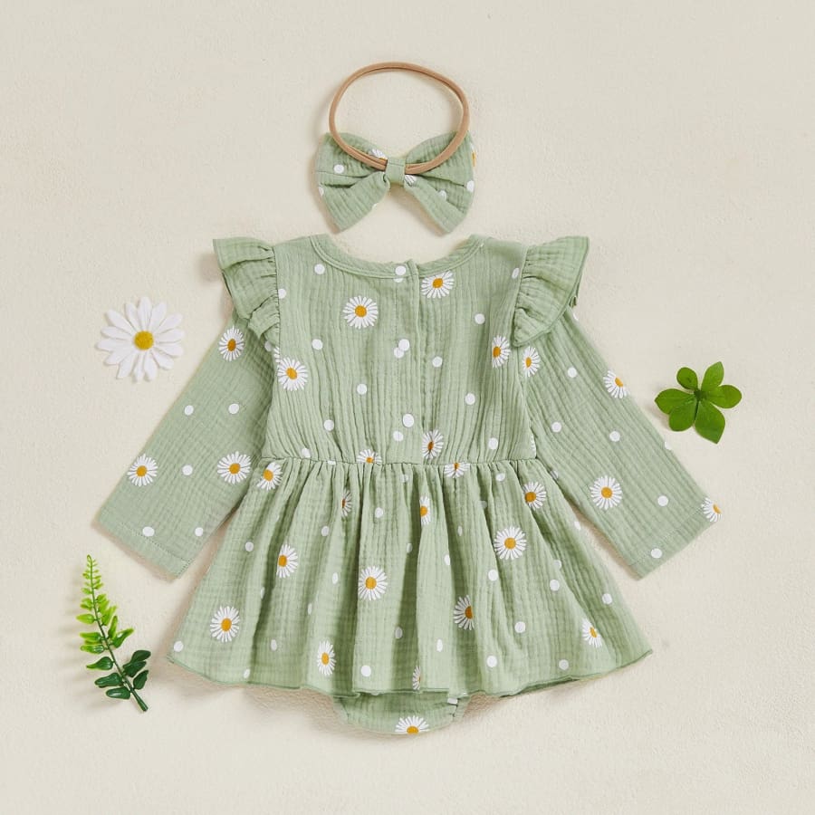 Pearl Long Sleeve Flutter Romper - Green - 0-3 Months