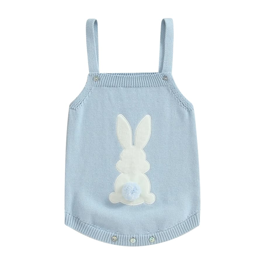 Pom Pom Bunny Knit Romper - Blue - 0-3 Months