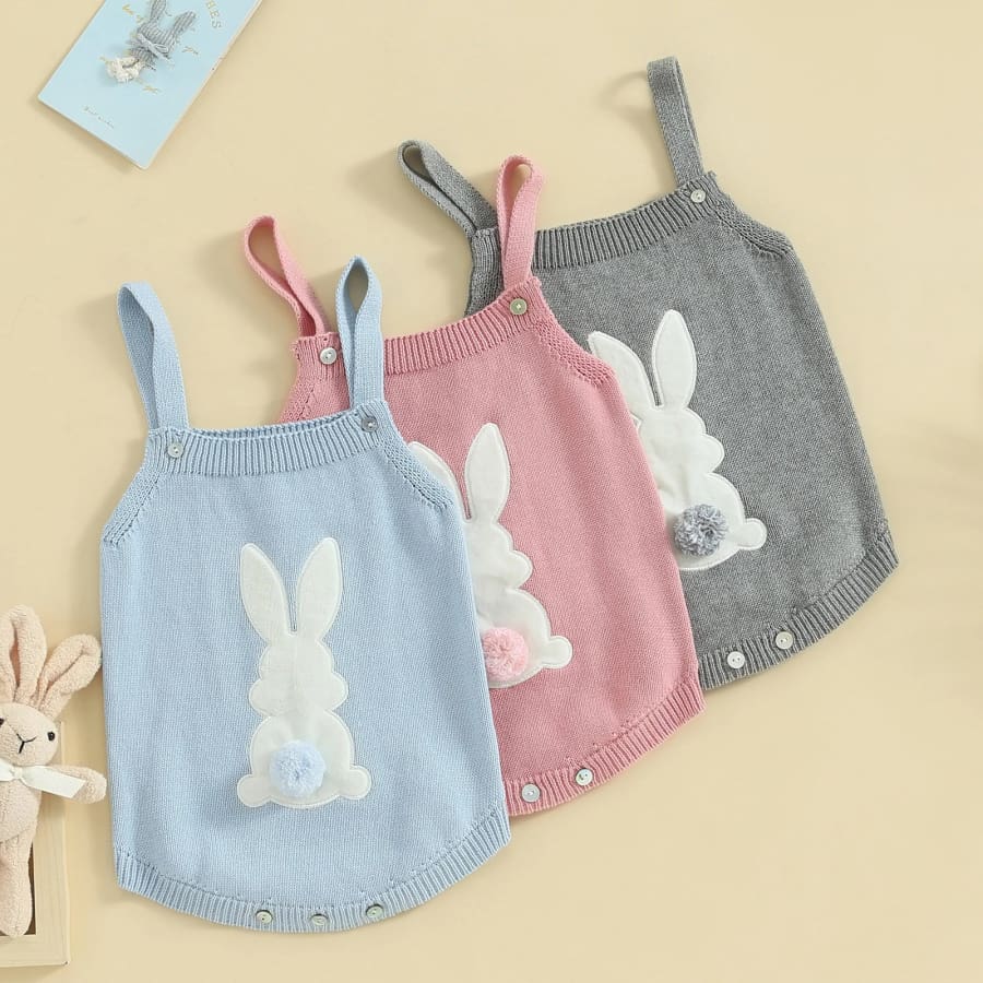 Pom Pom Bunny Knit Romper - Blue - 0-3 Months