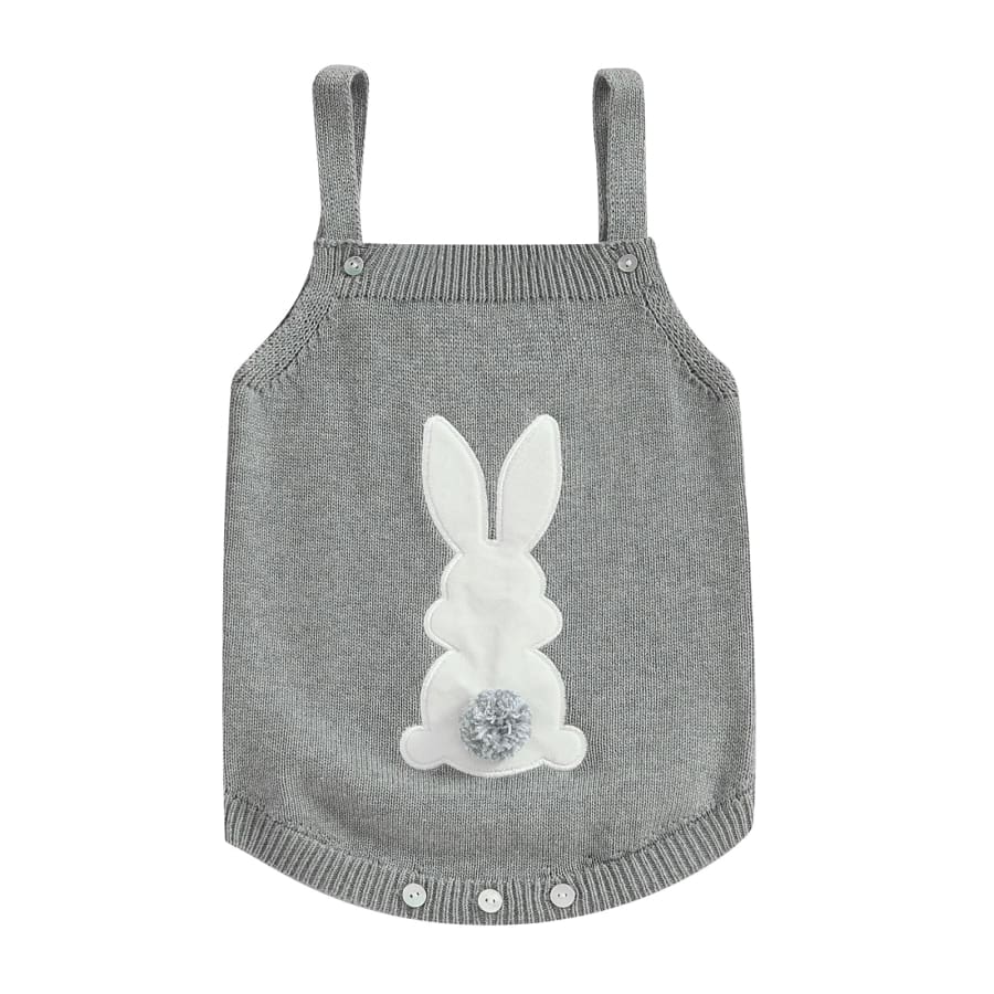 Pom Pom Bunny Knit Romper - Grey - 0-3 Months