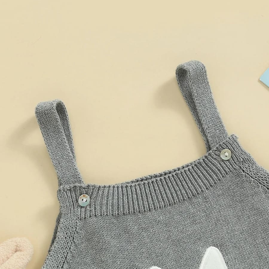 Pom Pom Bunny Knit Romper - Grey