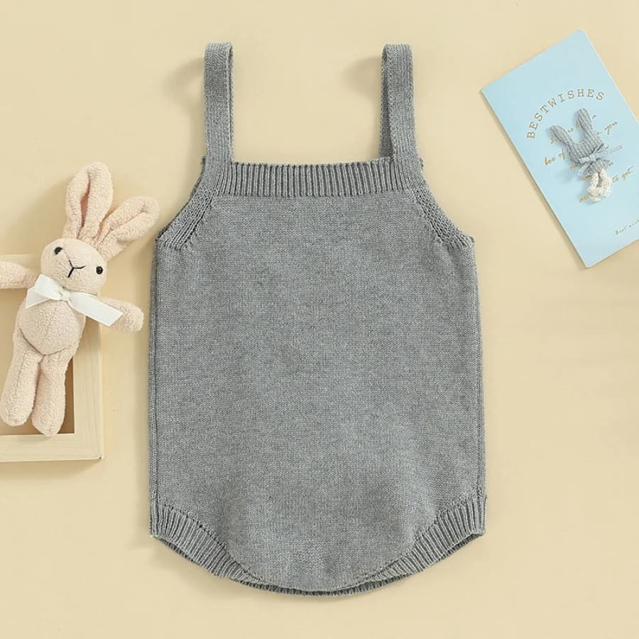 Pom Pom Bunny Knit Romper - Grey