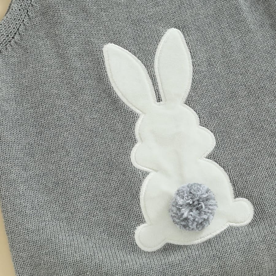 Pom Pom Bunny Knit Romper - Grey