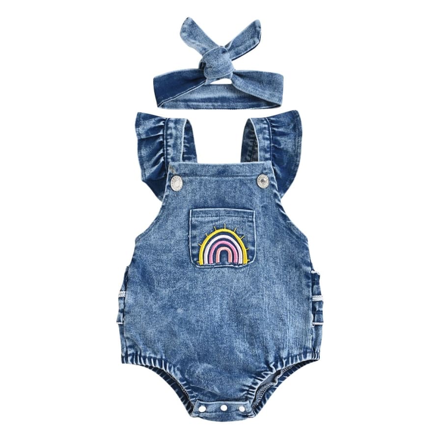 Rainbow Ruffles Denim Romper - 12-18 Months - Romper romper