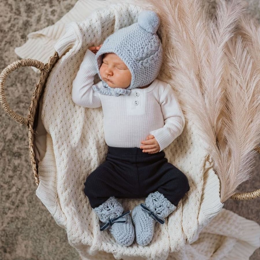 Snuggle Hunny Merino Wool Bonnet & Booties - Blue - Bonnet beanie, bonnet, Booties, gift, snuggle hunny