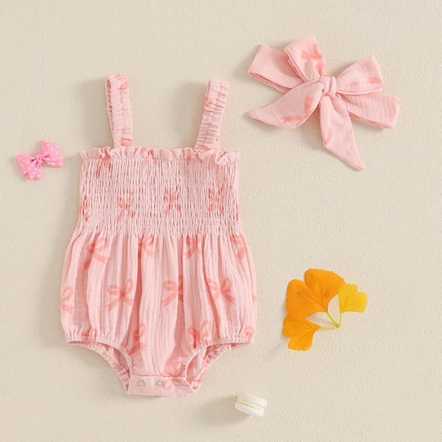 Sybil Bow Print Ruched Romper - 0-3 Months