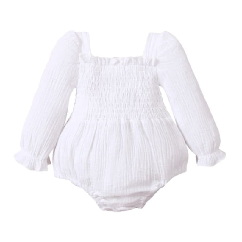 Toni Ruched Bodice Long Sleeve Romper - Snow - 12-18 Months - Rompers Rompers