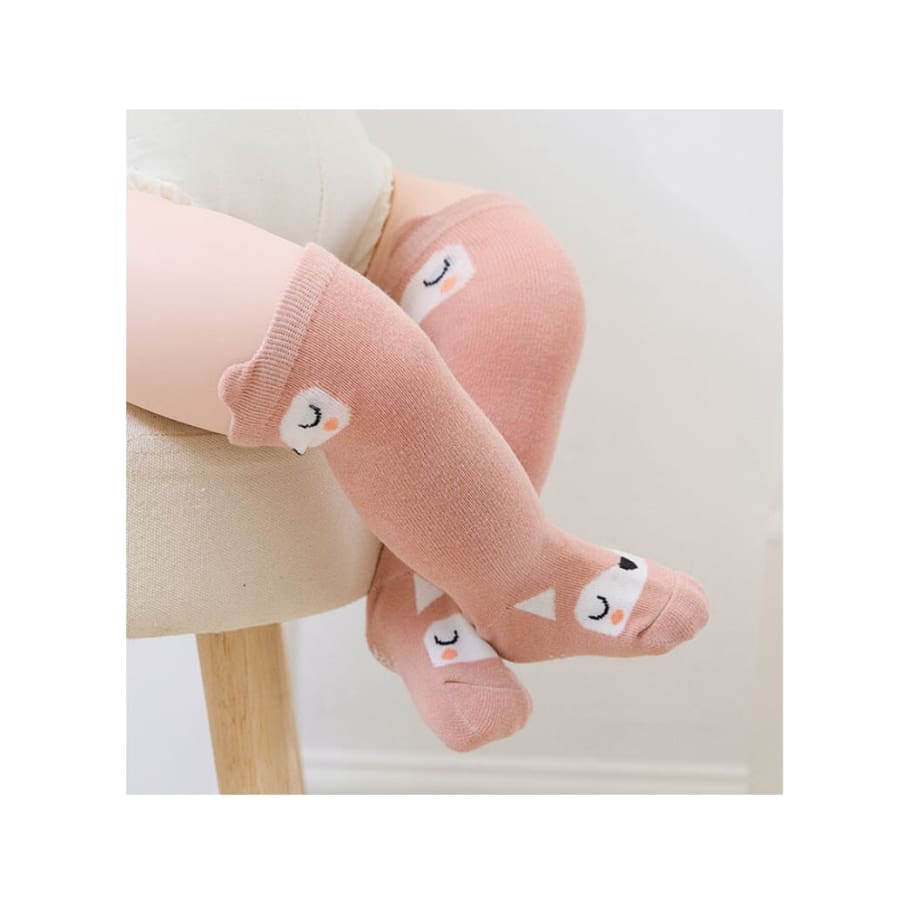 Animal Character Knee High Socks - Pink Fox - Small