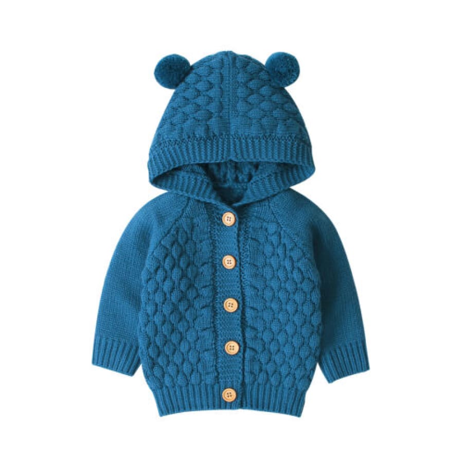 Baby Bear Ear Button Up Hoodie - Blue - 6 Months