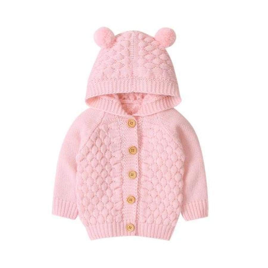 Baby Bear Ear Button Up Hoodie - Pink / 3-6 Months - Jacket jacket, knit