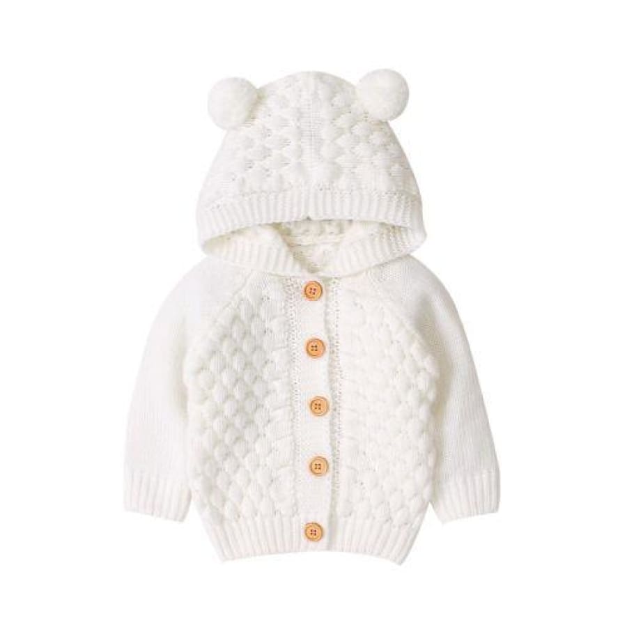 Baby Bear Ear Button Up Hoodie - White / 3-6 Months - Jacket jacket, knit