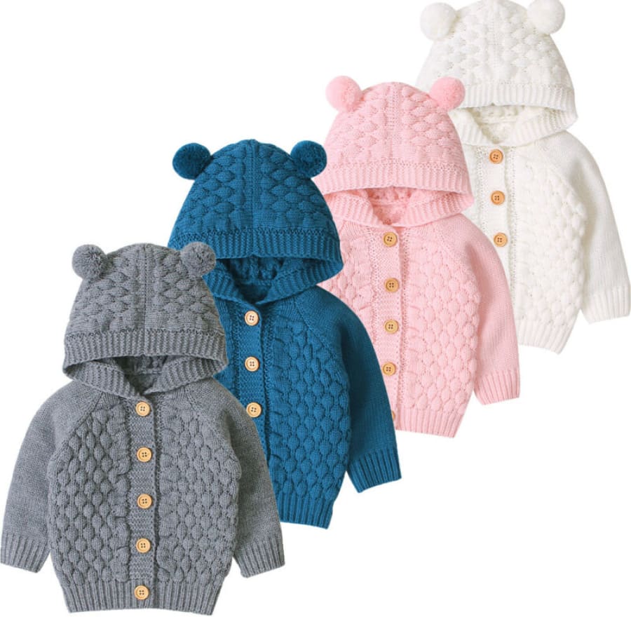 Baby Bear Ear Button Up Hoodie - Snow