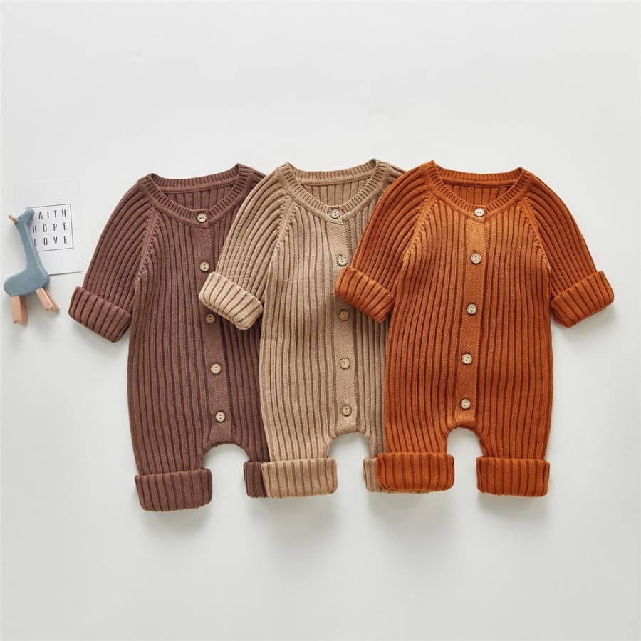 Blair Ribbed Knit Button Up Jumpsuit - Chocolate - 0-3 Months