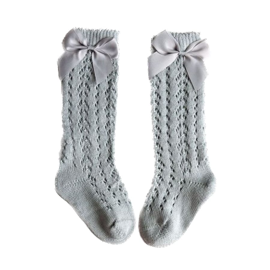 Bow Lace Look Knee High Socks - Grey - Socks Socks