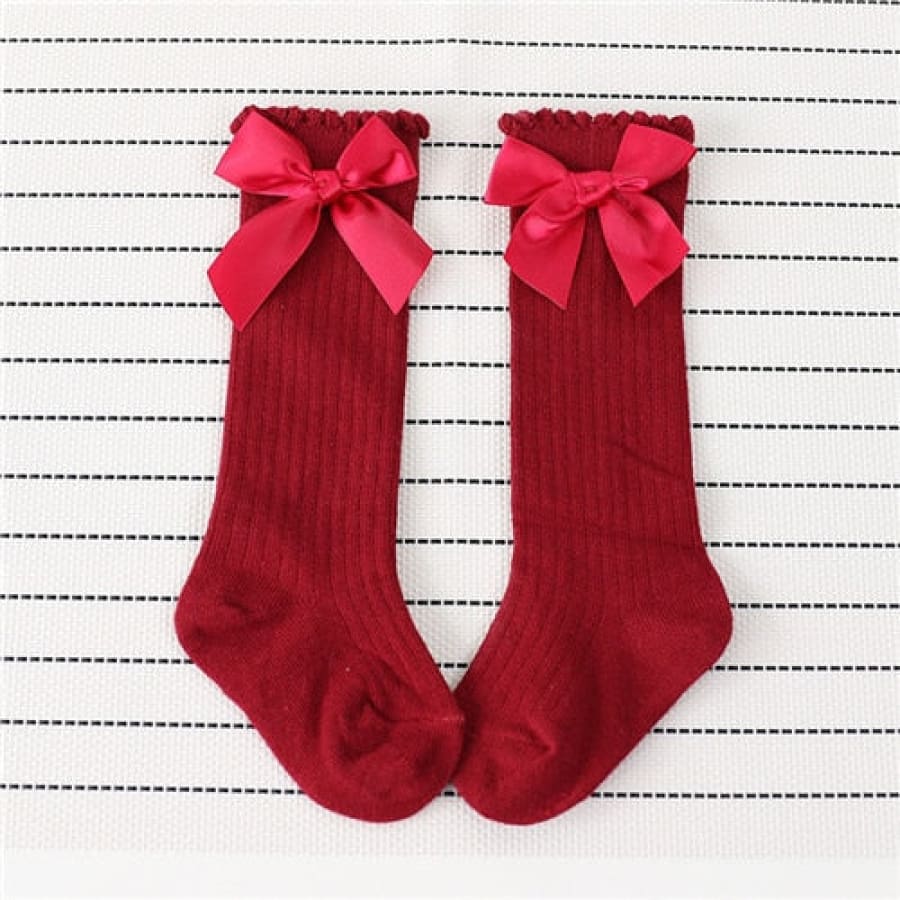 Bow Princess Knee High Socks - Wine