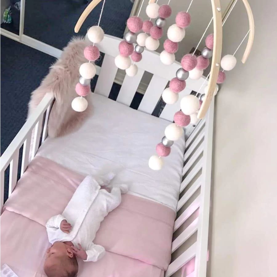 CMC Gold Felt Ball Baby Mobile - Dusty Pink White & Silver Felt Ball Mobile
