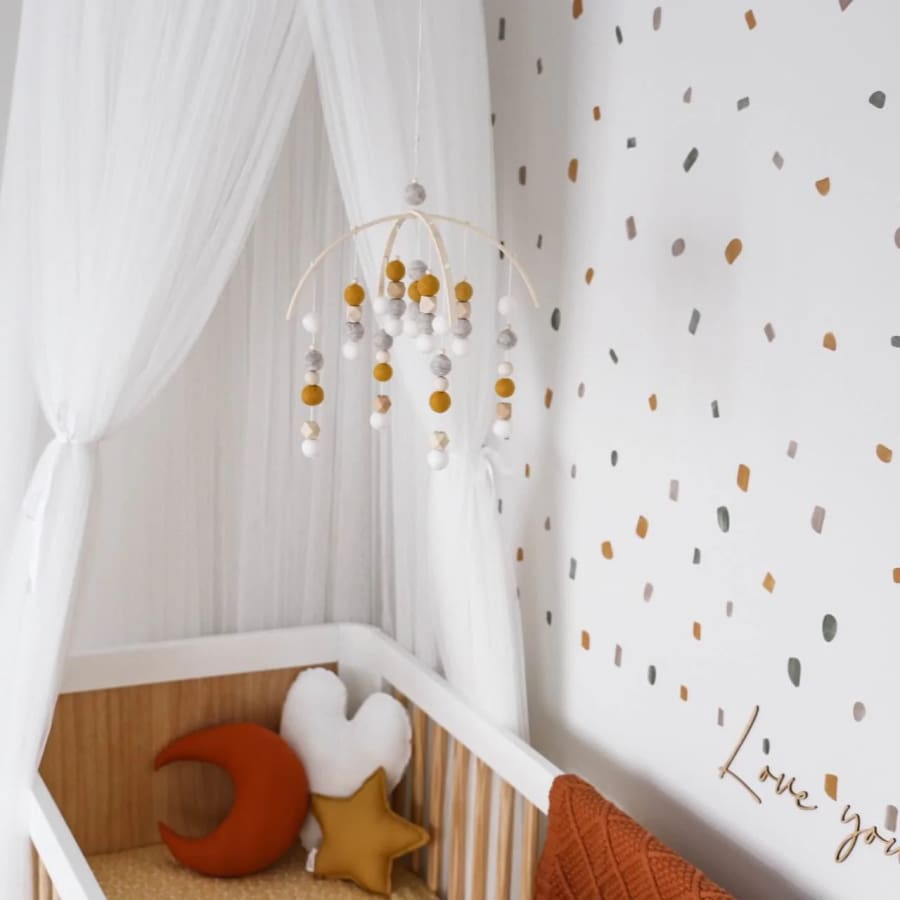 CMC Gold Felt Ball Baby Mobile - Mustard Pebbles White Raw Hex