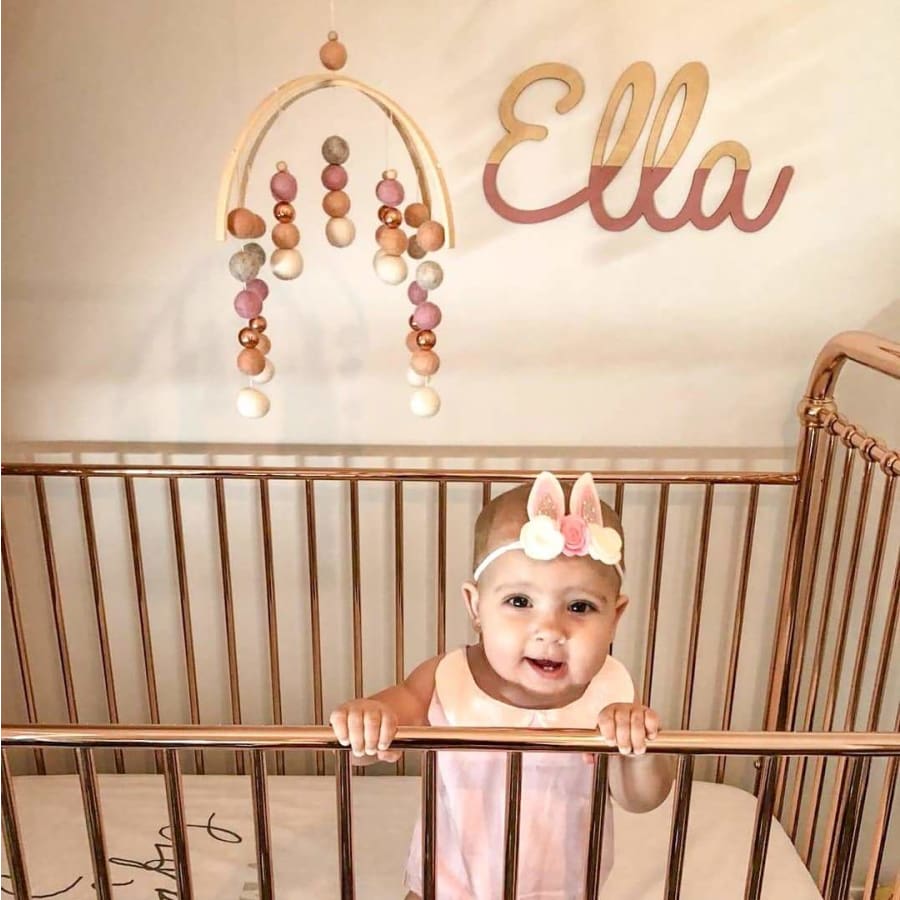 CMC Gold Felt Ball Baby Mobile - Peach Dusty Pink Pebbles and Rose Gold