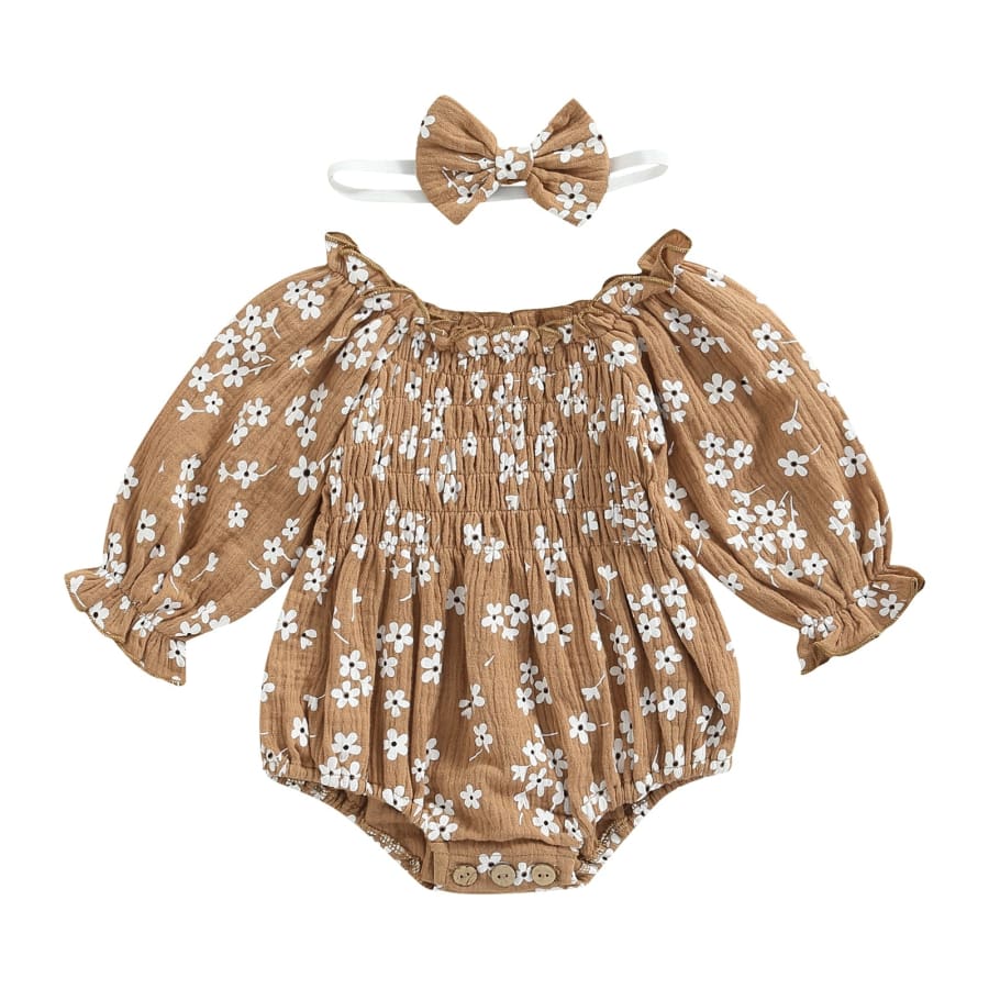 Delilah Daisy Ruched Romper - Coffee - 0-6 Months - Jumpsuits &amp; Rompers