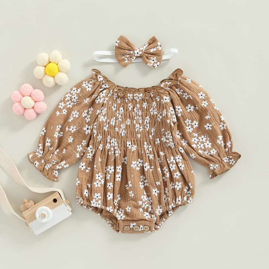 Delilah Daisy Ruched Romper - Coffee - Jumpsuits &amp; Rompers