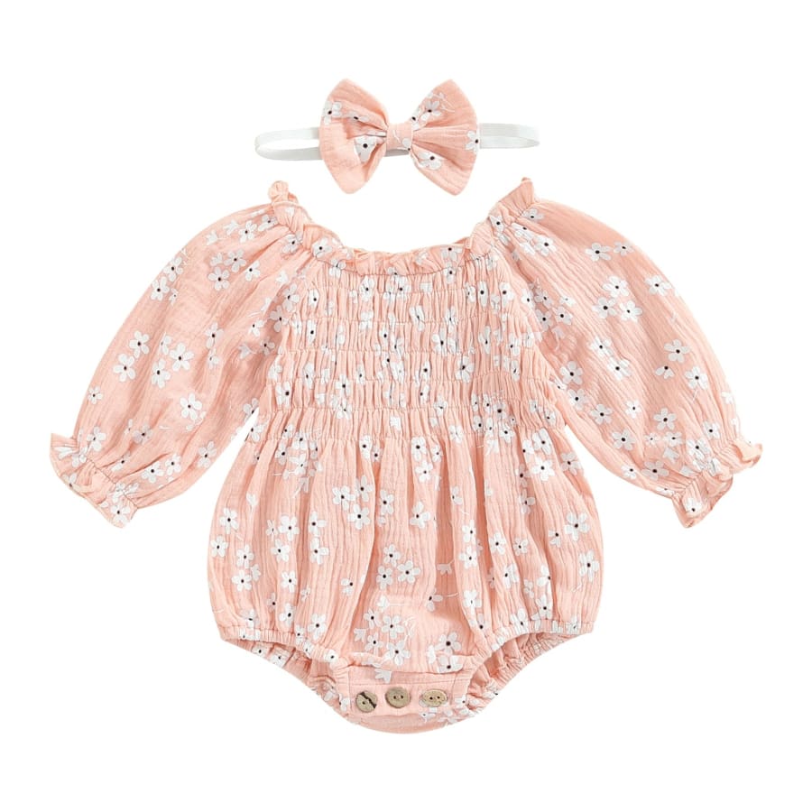 Delilah Daisy Ruched Romper - Peach - 0-6 Months