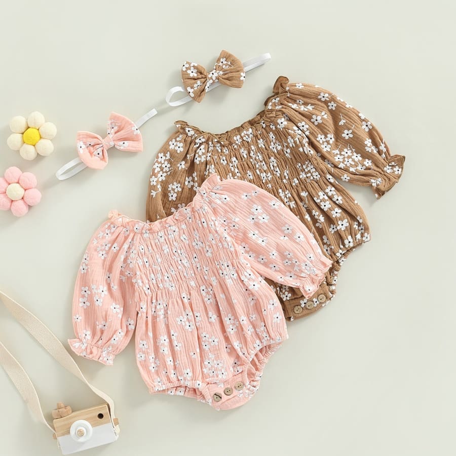 Delilah Daisy Ruched Romper - Peach - 0-6 Months