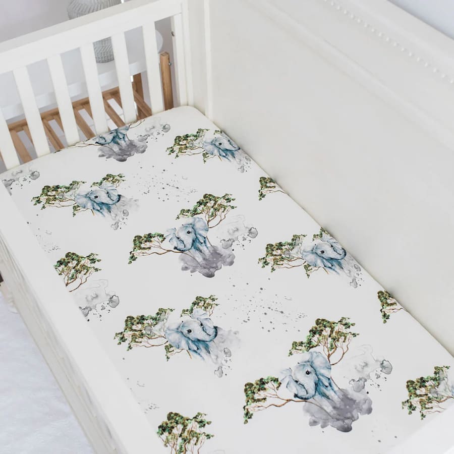 Evie &amp; Grey Fitted Cot Sheet Elephant’s Life