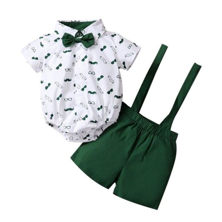 Moustache Print Bow Shirt Bodysuit + Suspender Shorts - Forest / 0-6 Months - Sets sets