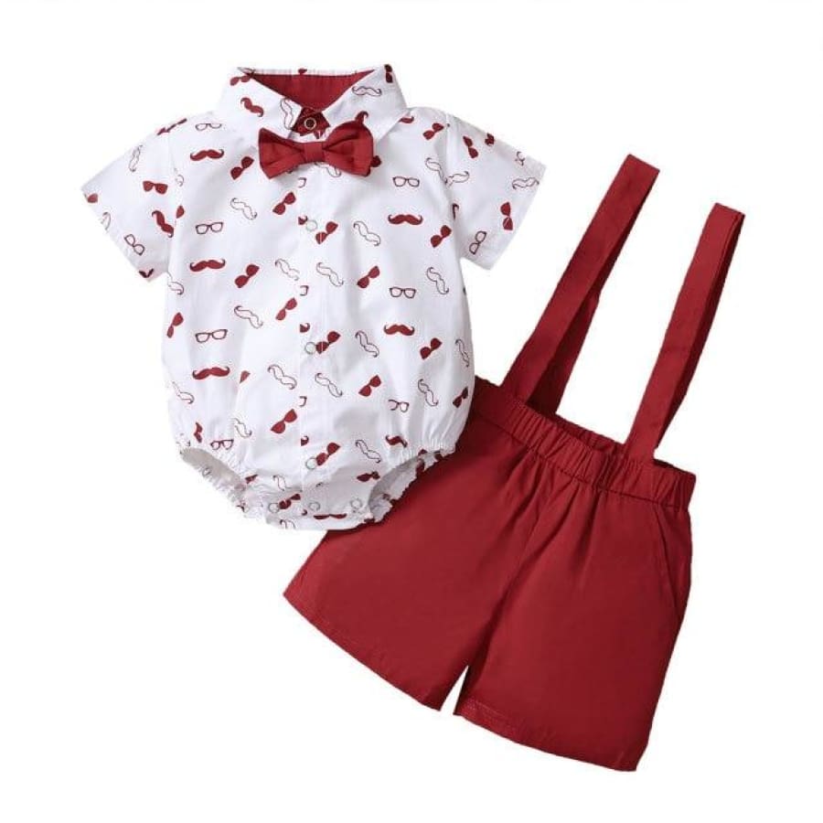 Moustache Print Bow Shirt Bodysuit + Suspender Shorts - Red / 0-6 Months - Sets sets