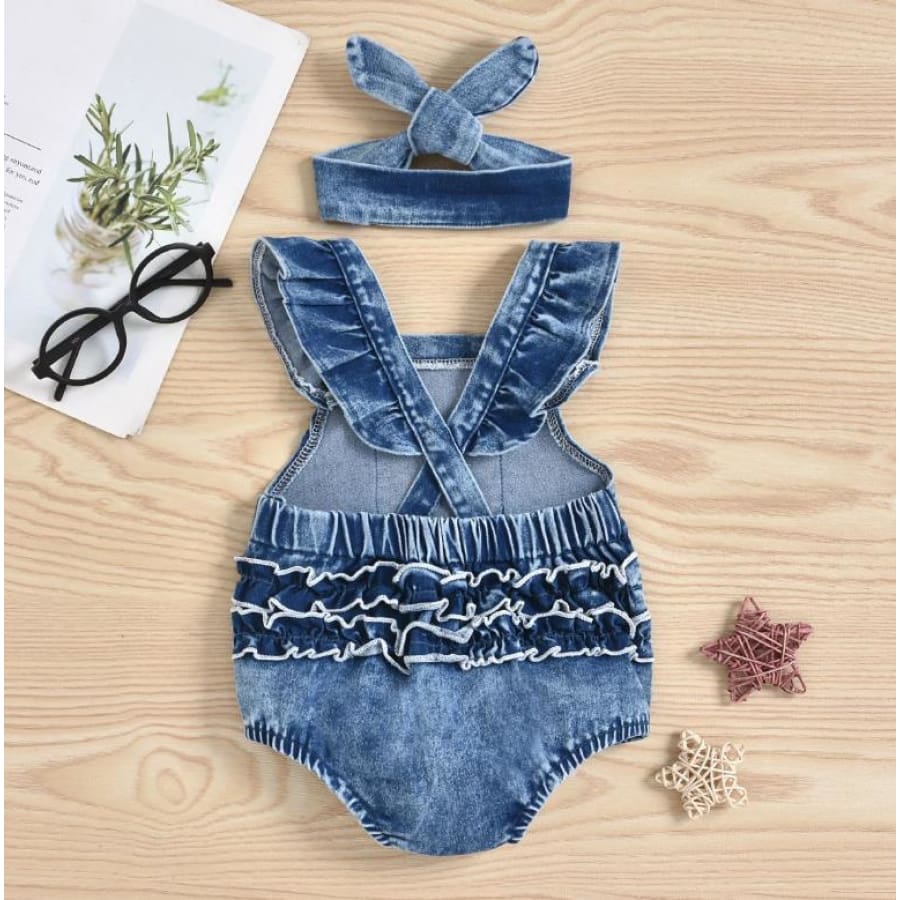 Rainbow Ruffles Denim Romper - 12-18 Months - Romper romper